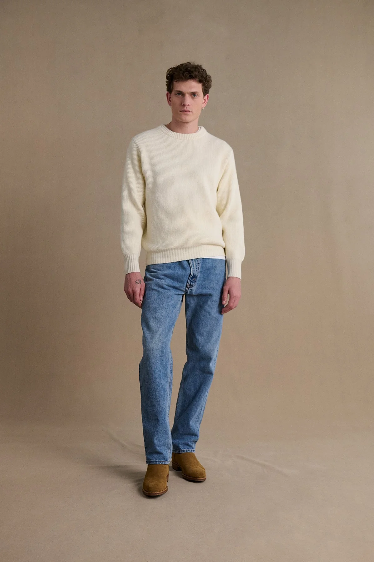 Pull homme col rond à côtes écru - Image 4